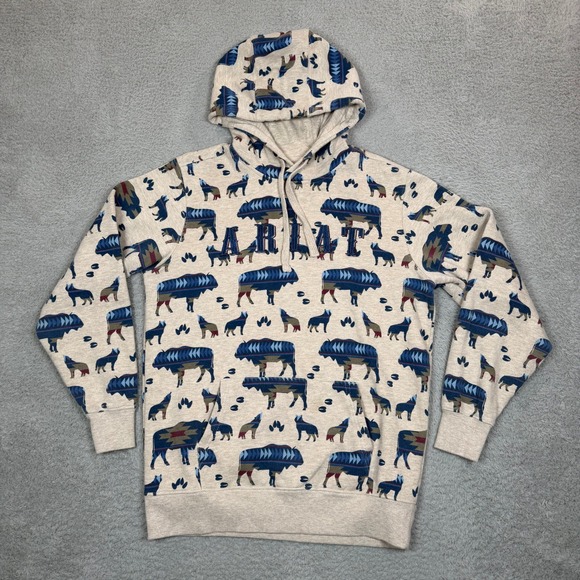 Ariat Tops - Ariat Re-AL Womens Small Buffalo Wolf Southwestern Fleece Hoodie Oatmeal Blue